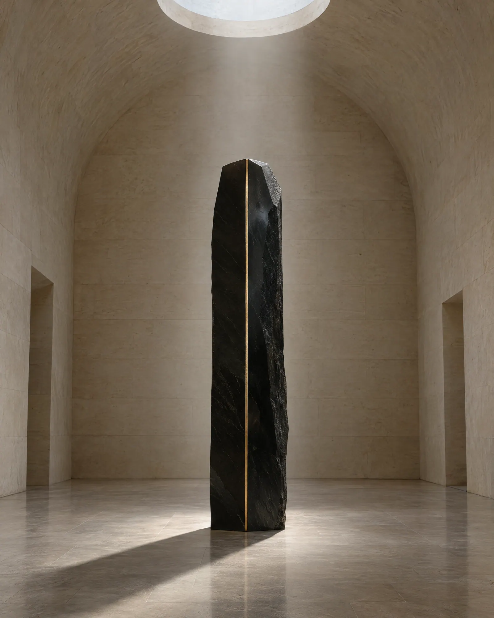 A black basalt monolith with a thin gold seam standing in a skylit stone gallery