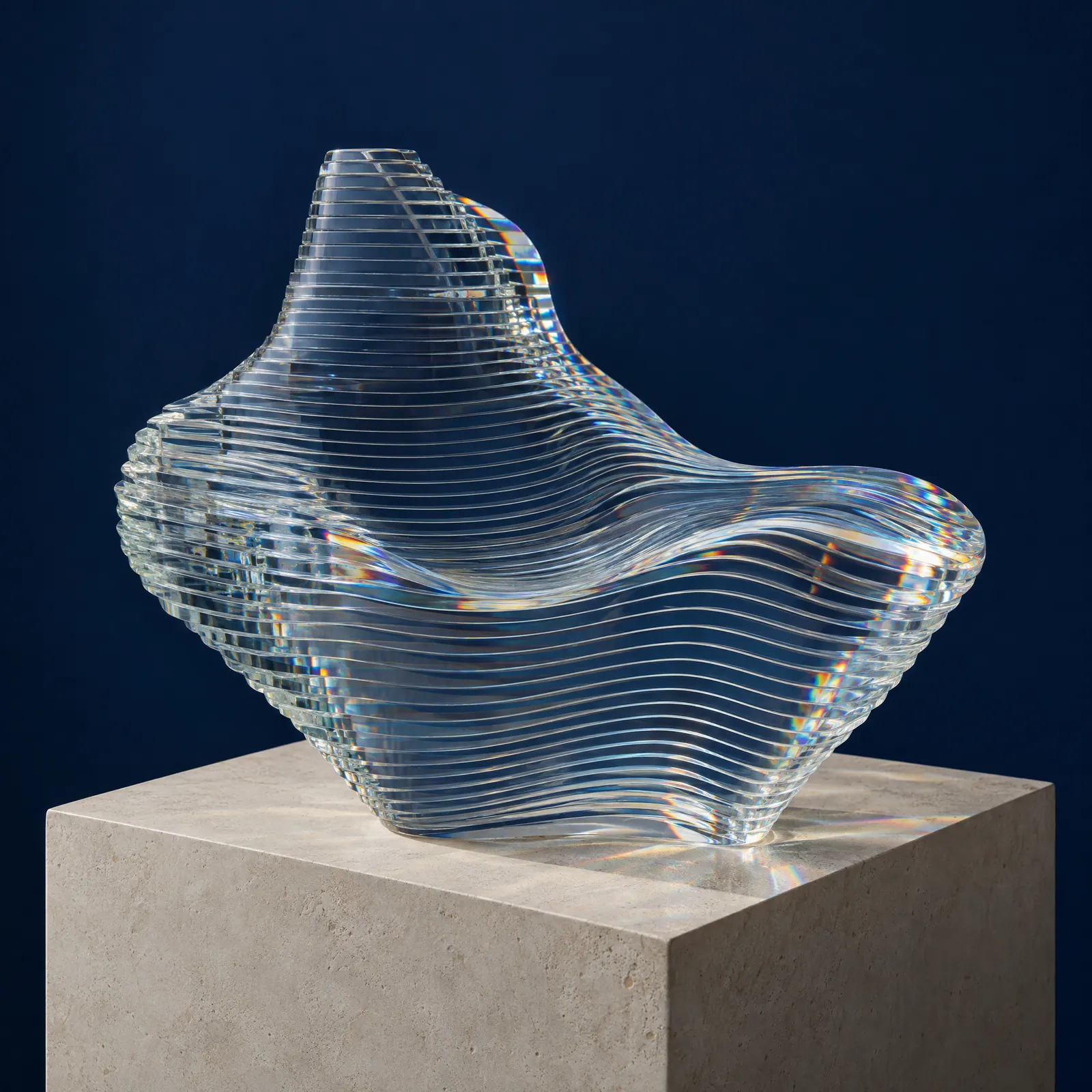 A sculpture of layered optical glass on a limestone plinth against deep blue