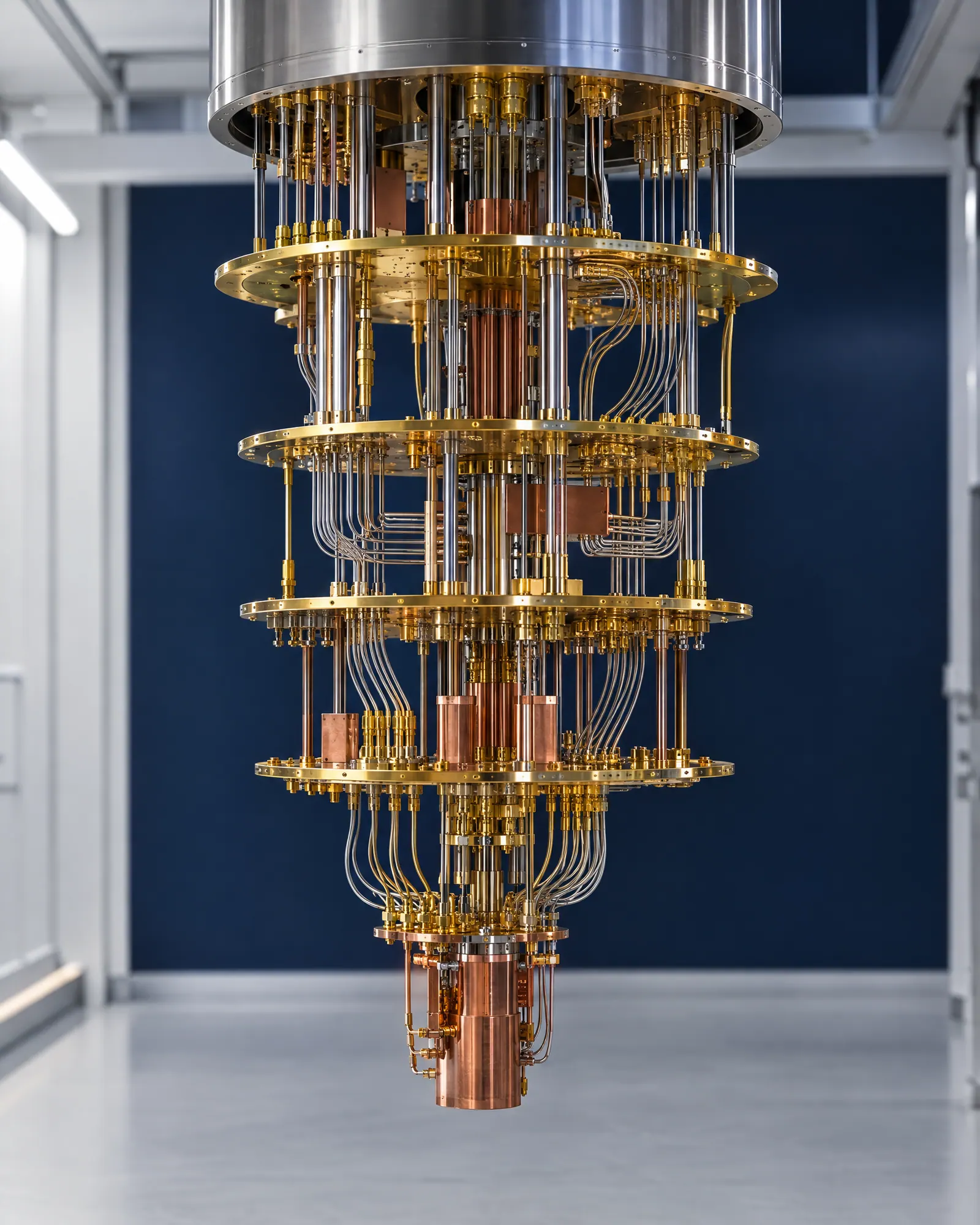 A suspended gold and copper cryogenic apparatus in a quiet research laboratory